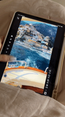 Everyday moments captured: tablet use, coastal portrait, crocheted bunny