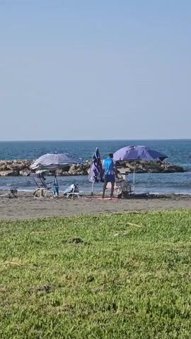 A beach scene with green grass in the foreground and the ocean in the background. There are two beach umbrellas providing shade on the sand. One umbrella is blue and white striped, and the other is solid blue. Several beach chairs are visible. Two people are standing near the blue umbrella. The water appears calm and a rocky breakwater is visible in the distance. The sky is clear and blue.