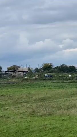 The video shows a rural landscape with houses and green fields. In the foreground, there is a lush green field with some scattered white wildflowers. Two cows are lying down in the field. In the middle ground, there is a cluster of houses with various roof colors, including blue and brown. Some of the houses appear to be made of wood and have fences around them. There are also some smaller structures, possibly greenhouses or sheds. A bird is seen flying in the sky above the houses. The sky is cloudy with a mix of grey and white clouds. The overall impression is of a peaceful, rural setting.