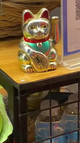 A gold Maneki-neko cat figurine with a red collar and a teal bib is shown waving its right arm. The cat is sitting on a wooden shelf in front of a woven basket and a white QR code poster. Below the shelf are clear plastic bottles, possibly of water.