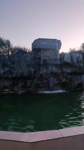 A static, vertical video shows an artificial rock waterfall cascading into a pool of green water. The waterfall is constructed of dark gray, textured material, mimicking natural rock formations. Water flows over the ledges and down the front of the rocks, creating a curtain of white. The pool's edge, lined with light-colored tiles, is visible in the foreground. Behind the waterfall, the tops of dark green trees are silhouetted against a pale, hazy sky, suggesting either dawn or dusk. The lighting is dim, creating a subdued atmosphere.