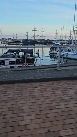 The video shows a view of a marina with several boats docked. In the foreground, there is a brick pathway. Beyond the pathway, a metal railing separates it from a cobblestone area. The marina itself is visible across a body of water. Several sailboats with tall masts are docked. In the background, there are larger ships, possibly replicas of historic sailing vessels, with multiple masts. The sky above is a pale blue, suggesting it might be early morning or late afternoon. The water in the marina is calm, reflecting the boats and the sky. There is no discernible activity or interaction among people shown in this brief clip.