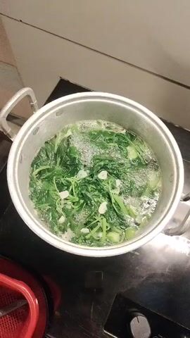 The video shows a top-down view of a pot of leafy green vegetables boiling on a stovetop. The vegetables appear to be chopped and mixed with garlic cloves. The water in the pot is bubbling vigorously, indicating it is at a rolling boil. Steam is rising from the pot and dissipating into the surrounding environment. The pot is made of silver-colored metal and has two handles on the sides. It is placed on a black stovetop, and a red colander is visible in the lower left corner of the frame. The background is a light-colored wall. The lighting is bright and appears to be artificial, possibly from overhead kitchen lights. The overall scene suggests a cooking process in progress.