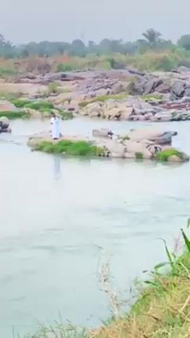 The video shows a river scene. A person wearing white clothing stands on a rock in the river. Other rocks are visible throughout the river, and green vegetation grows along the riverbank. In the background, there are trees and a hazy sky. The camera zooms out, revealing more of the river and surrounding vegetation.