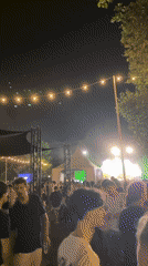 Outdoor festival night: crowd, DJ stage, and lighting in full swing