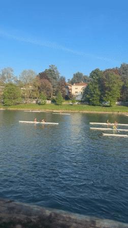 Rowers spotted on Turin river under clear skies