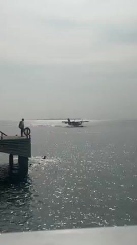 The video shows a seaplane moving across a body of water, approaching from the distance. There is a small island or land mass visible in the background. In the foreground, a dock-like structure is visible. A person stands on the dock, observing the plane. There is a life ring on the side of the dock. Two other people are visible in the water close to the dock. The water is speckled with sunlight and appears slightly choppy. The sky is overcast, giving the scene a somewhat hazy or muted appearance.