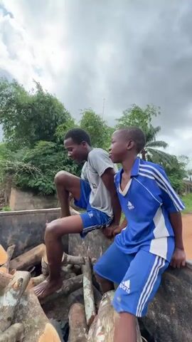 Two young Black boys are sitting in the back of what looks like a dump truck filled with logs. The boy on the left is wearing a gray T-shirt and blue shorts. The boy on the right is wearing a blue shirt and shorts with white stripes. They are smiling and talking to the camera. The background is a green, wooded area under a cloudy sky.