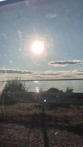 The video shows a scenic view from inside a vehicle, likely a car, looking out through the passenger window. The time of day appears to be late afternoon or early evening, with the sun low in the sky and casting a bright glare on the water. The camera pans across a landscape featuring a body of water, trees, and a road with a guardrail. Road signs are visible, including a directional sign indicating a curve to the left and another yellow sign with a warning symbol. The sun's reflection shimmers on the water, creating a bright, almost blinding effect at times. The scene is calm and peaceful, suggesting a leisurely drive through a natural setting. The video is short, lasting only a few seconds, and captures a fleeting moment of natural beauty.