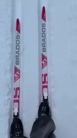 The video depicts a person cross-country skiing on a groomed snow trail through a snow-covered forest. The skis are white with red and black accents, labeled "BRADOS XT Lady" The skier's boots are black. The trail has parallel tracks made for cross-country skiing. The environment is a winter forest with snow-covered trees visible on both sides of the trail. The video is shot from the perspective of the skier, looking down at the skis and the trail ahead.