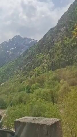 The video shows a mountainous landscape with a river.  The mountain is covered in lush green trees. In the background, a mountain peak is covered with snow. A block of concrete with a metal loop attached sits in the foreground. A tree obscures the view briefly, with the mountains visible through the branches.