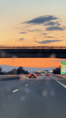 Evening highway traffic recorded during sunset near Saraia, Bulgaria