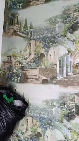 The video displays a close-up, slightly shaky view of wallpaper. The wallpaper features a repeating pattern of a picturesque village scene with Italian-style architecture, winding pathways, lush greenery, and blooming flowers. The scene is depicted with a soft, painterly aesthetic. In the lower portion of the frame, the tops of several objects are visible, including two cylindrical containers with black caps, possibly salt and pepper shakers, a small golden object, and a white bowl containing what appear to be dried red chili peppers. The lighting suggests an indoor environment, possibly a room where the wallpaper is applied. The perspective shifts slightly throughout the short clip, offering a scrolling view of the wallpaper pattern.