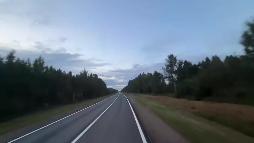 The video shows a point-of-view shot from a vehicle traveling on a paved road through a forest. The sky is overcast with clouds, and the lighting suggests it is dusk or early dawn. The road has two lanes with white dashed lines marking the lanes and solid white lines on the outer edges. Tall, dense trees line both sides of the road. The road stretches ahead into the distance, disappearing into the horizon under the twilight sky. There are no other vehicles or people visible in the immediate foreground or along the sides of the road. The camera is moving forward, indicating the vehicle is in motion.
