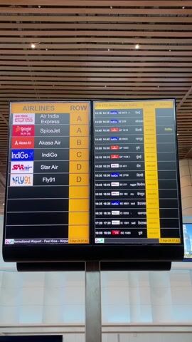 The video shows an airport departures board. On the left, there is a list of airlines with associated rows. On the right, the board lists departure times, airline and flight number, the destination, counter, and status of the flight.  The board appears to be in a public area of the airport. The screen also notes "Feel Goa" and an airport helpline number. The date is shown as 7-Apr-26 07:42.