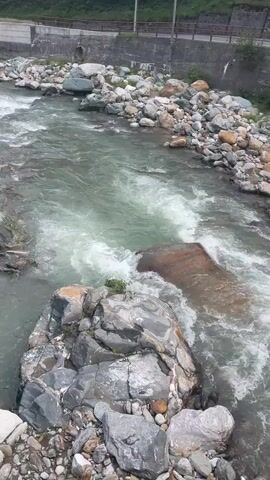 A video shows a fast-flowing river with rocky banks and trees in the background. The river water is murky and appears to be shallow in some areas, with rapids forming around large rocks. A concrete wall runs along one side of the river, with some vegetation growing on it. In the distance, a road or path is visible, bordered by trees on a hillside. The overall scene is one of a natural river environment, possibly in a mountainous or wooded area.