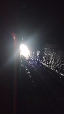The video shows a dark tunnel opening to a bright light. The tunnel is lined with brick and there is a metal railing on one side. The camera moves forward, and the bright light obscures everything else.