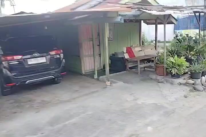 The video shows a view from a moving vehicle, capturing a street scene. In the foreground, there are various potted plants, some with vibrant green leaves and others with purple foliage. A pathway or sidewalk is visible, edged with stones. Beyond the plants, a small building with a green exterior and a white trim is seen, with a red chair visible inside. Further back, a larger building with a white facade and blue metal shutters is present. A sign with yellow lettering is attached to this building. A black vehicle with a distinctive green and white striped canopy, possibly a passenger transport, passes by. Another building, appearing to be a shop with a light-colored exterior and a dark entrance, is visible on the right side of the frame. A red scooter is parked in front of this shop. The background includes trees and other structures, suggesting a town or village environment. The ground appears to be a mix of dirt and gravel.