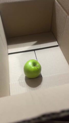 A green apple sits inside a cardboard box. The apple is round and shiny, with a short stem. Light shines on the apple from the upper left, casting a shadow to the right. The cardboard box appears to be empty aside from the apple.