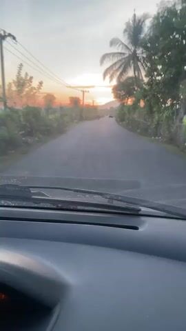 The video shows a first-person perspective from inside a car driving on a paved road. The sun is setting, casting a warm glow over the landscape, with visible utility poles and wires on the left side of the road. Trees and foliage line both sides of the road, and a tall palm tree is prominent on the right. In the distance, the road curves and a mountain or hill is visible against the sunset sky. There are a few other vehicles on the road ahead, including a dark colored SUV or truck that passes by on the right. The interior of the car is visible in the foreground, including the dashboard and windshield wipers. The overall scene is rural and appears to be during the golden hour.