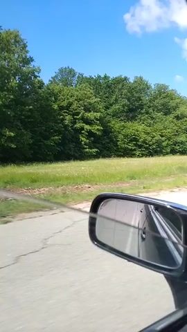 The view from a car's side mirror as it drives on a paved road is the main focus of the video. A green, grassy field with a dense line of trees borders the road. The sky is blue with some light clouds. The car is moving, and the scenery is passing by in the side mirror.  A damaged sign is seen along the road.