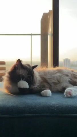 The video shows a fluffy cat lying on a teal surface. The cat has brown and white fur and is grooming its paw. Sunlight streams in from a large window behind the cat, illuminating its fur and casting a warm glow on the scene. The background shows a blurred cityscape and a railing. The overall impression is peaceful and serene.