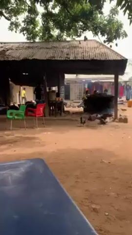 The video shows an outdoor scene that appears to be a roadside eatery or informal restaurant. In the foreground is a blue table with a stainless steel bowl. Moving towards the background, there's an area with a dirt floor, several colorful plastic chairs (green, red, and blue) arranged around blue tables. Under a corrugated iron roof structure, a person is seen standing near a cooking area with visible smoke, suggesting food preparation is happening. There are other people present in the scene. A large tree with thick roots is visible to the left of the frame. The overall environment seems somewhat rural.