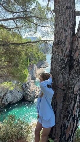 A young woman with long, light brown hair stands leaning against a large tree trunk on the right side of the frame. She is wearing a light blue, short-sleeved blouse with ruffled detailing on the front and light blue shorts. Her right hand is behind her head, touching her hair, and her left arm is extended downwards. Her body is angled towards the left, where a picturesque coastal scene unfolds.

The background is dominated by a vibrant, turquoise ocean with sunlight sparkling on its surface. Jagged, grey rocks jut out into the water, forming a rugged coastline. Lush green trees and vegetation cover the hillsides that slope down towards the sea. In the distance, mountains can be seen under a clear, bright blue sky. The foreground is composed of the rough bark of the tree and some green foliage. The overall impression is a serene, natural landscape with a solitary figure enjoying the view.