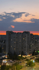 Sunset illuminates Saint Petersburg's Soviet-era apartment buildings