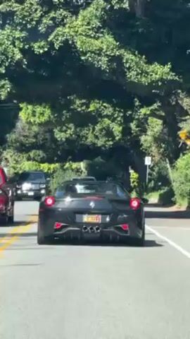 A black convertible Ferrari sports car drives down a paved road, as seen from the perspective of a following vehicle. The car has a silver and red stripe down the center, and the license plate is visible. Trees with green foliage line both sides of the road, creating a tunnel effect with sunlight filtering through. Other vehicles are also on the road, including a black SUV slightly ahead. The sky is bright, suggesting a sunny day.
