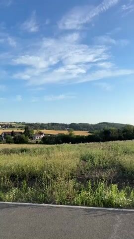 The video captures a landscape scene with a clear blue sky and scattered clouds. In the foreground, there is a paved surface and tall green grass. In the middle ground, there are trees, fields, and a small village with houses. In the far distance, a hot air balloon is visible floating in the sky. The camera zooms in slightly on the hot air balloon.