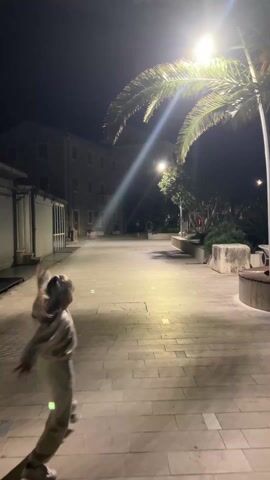 A young woman with long hair tied back is performing a cartwheel on a paved walkway at night. She is wearing a light-colored jumpsuit and sneakers. A palm tree is visible to the right of the frame, illuminated by a street lamp. Buildings and other vegetation line the walkway. Other people can be seen in the background. The shadows of the woman and the palm tree are cast on the pavement.