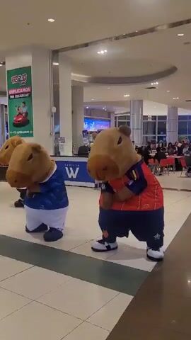 The video shows three people in capybara costumes dancing in what appears to be a shopping mall. The capybaras are wearing soccer jerseys. One capybara on the left wears a blue jersey with white shorts and white socks. Another capybara in the center wears a blue jersey with white shorts and white socks. The capybara on the right wears a red and yellow jersey with dark blue shorts and white sneakers. They are all facing forward and appear to be in unison with their movements. In the background, there is a banner that says "Coney Park" with an image of a bumper car. There are also other people in the background, some of whom appear to be watching the capybaras. The floor is tiled in a light color with dark lines separating the tiles. The lighting appears to be artificial and typical of an indoor public space.