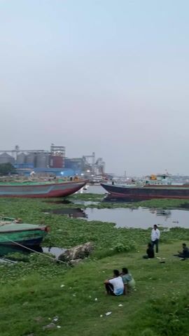 The camera pans across a river landscape on an overcast day. In the foreground, green grass grows along the riverbank. Several large, flat-bottomed boats are partially submerged in the water, entangled with a thick layer of floating green vegetation.  In the background, an industrial complex with large silos is visible. A concrete bridge spans the river, with a power transmission tower standing nearby. Two children sit on the grass in the lower right corner of the frame.