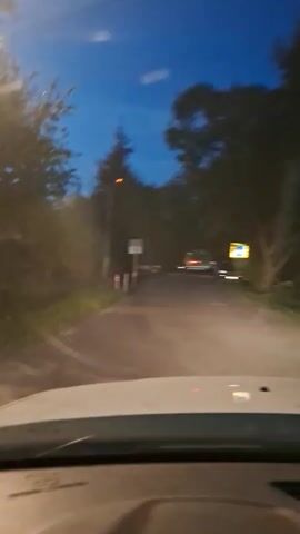 The video captures a view from inside a vehicle moving along a road at dusk or night. Trees and foliage are visible on either side of the road, with streetlights and house lights illuminating the scene intermittently. The sky is dark blue, indicating twilight. Several houses are visible, some with illuminated windows. The camera appears to be focused on the passing scenery.