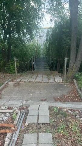 The video shows a metal walkway leading to a body of water. The walkway is surrounded by lush green vegetation. The sky is overcast. There are chains on either side of the walkway, which appear to be for support. The walkway leads to what appears to be a dock or a platform on the water. There are trees on either side of the walkway. The video is shot from a stationary position.
