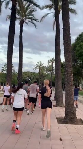 Group jogs palm-lined path in Valencia under pink-hued skies