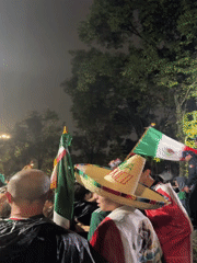 Nighttime crowd celebration in Mexico City, flags and all