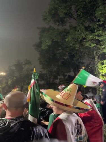 Nighttime crowd celebration in Mexico City, flags and all