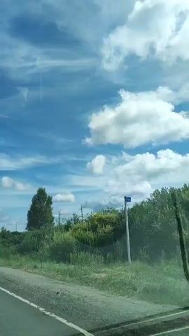 A video taken from inside a vehicle shows a landscape with a blue sky and white clouds. The vehicle is moving along a paved road. On the sides of the road, there is green grass and vegetation. In the background, there are trees and utility poles. The video is shaky, suggesting the vehicle is in motion.