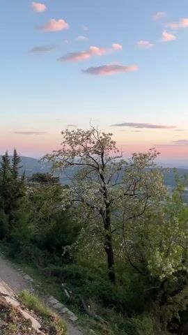 The video captures a scenic panoramic view of a sunset over a large bay, likely the Bay of Kotor, from a hillside vantage point in Bogdašići, Montenegro. The scene opens with lush green trees in the foreground, one adorned with delicate white blossoms, under a soft pink and blue sky. As the camera slowly pans right, it reveals the expansive body of water, dotted with small islands and a coastal town nestled along its shores. Distant mountains frame the bay. The sky transforms from a gentle pink and blue to a vibrant spectrum of orange and red as the sun descends, eventually becoming visible as a bright orb just above the distant mountain range. The landscape is characterized by rolling, verdant hills and mountains, with the town's lights beginning to twinkle faintly in the fading light. No specific activity or visible text is present; the focus is solely on the breathtaking natural landscape during sunset. Faint background music is audible.