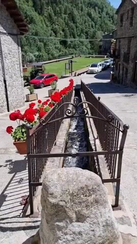 This video depicts a charming village scene in Setcases, Spain. The camera is positioned at a slight downward angle, looking down a narrow, paved lane. A central focus of the image is a water channel running alongside the lane, bordered by an ornate black metal railing and an assortment of vibrant red geraniums in planters. The water in the channel is flowing, suggesting it might be a functional part of the village's infrastructure or a decorative water feature.

On either side of the lane are traditional stone buildings, characteristic of the Pyrenean region. To the left, a stone building with a wooden overhang is visible, and to the right, another stone building with a tiled roof. In the background, beyond the buildings and across a grassy area, is a lush green mountainside densely covered in trees, indicating a mountainous setting.

Several cars are parked along the lane and on a road further in the background, including a bright red SUV and a white van. The sky is a clear, bright blue, and the sunlight casts distinct shadows on the ground, suggesting it is midday on a sunny day. The overall atmosphere appears peaceful and idyllic, capturing the essence of a quaint Spanish mountain village. There is no visible text in the video.