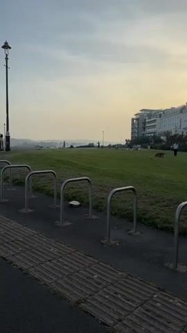 The video shows an early morning scene at a seaside promenade. The camera pans from a bike rack and a grassy area towards a paved promenade by the sea. There are a few people strolling along the promenade, some of whom are near a flagpole. A young girl is skating on roller skates, wearing a white dress with pink stripes, facing away from the camera. The sea is visible in the background, with hills or islands in the distance, and the sky is light blue. A tall building can be seen to the right of the frame. There is a vintage style lamppost on the left.