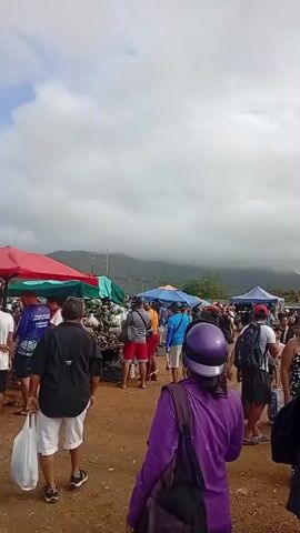 The video shows a busy outdoor market. Numerous people are browsing stalls under colorful awnings. The ground appears to be dirt and gravel. In the background, there are hills and a cloudy sky. Several stalls are visible, displaying goods such as fruits, vegetables, and possibly baked goods. People are interacting, some carrying bags and others standing in groups. One stall has a woman behind it arranging items on a table, and another person is pointing at something on the table. A motorcycle is parked behind one of the stalls. A person wearing a purple jacket and a helmet is also near a stall.