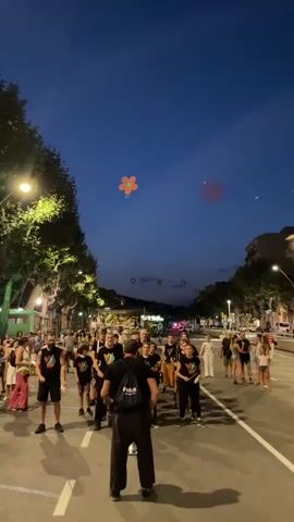 At dusk, a group of people dressed in black t-shirts with a red and green logo stand in a street. They appear to be rehearsing or performing some sort of synchronized activity, possibly dancing or a parade formation, as they are arranged in rows facing a man in the foreground. In the sky above, several illuminated paper lanterns shaped like flowers are floating. The street is lined with trees and buildings, and other onlookers are visible on the sidewalks. The scene suggests a festive or cultural event taking place in a town or city.