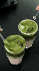Layered matcha lattes photographed on countertop in Zapopan