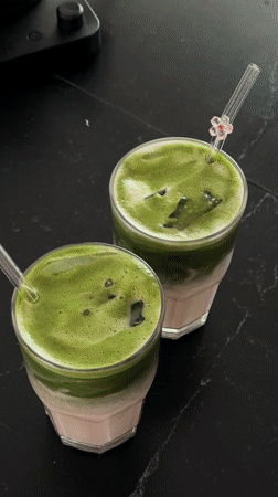 Layered matcha lattes photographed on countertop in Zapopan