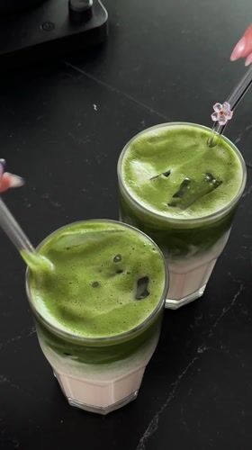 Layered matcha lattes photographed on countertop in Zapopan