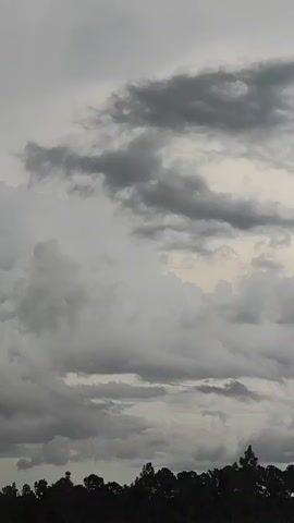 The video shows a slightly overcast sky with dark, heavy clouds moving across. Below the clouds, a silhouetted line of trees forms the horizon. The lighting is dim, suggesting it may be dusk or a cloudy day. There are no people or distinct objects visible other than the clouds and trees. The camera appears to be stationary, capturing a static view of the sky and landscape.