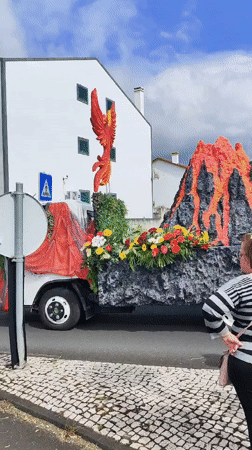 Decorated volcano float highlights festive parade in Ribeira Grande